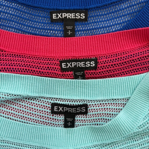 EXPRESS Bundle of 3 Sheer Mesh Knit Tops Blue Pink Aqua Size Small - Picture 2 of 8